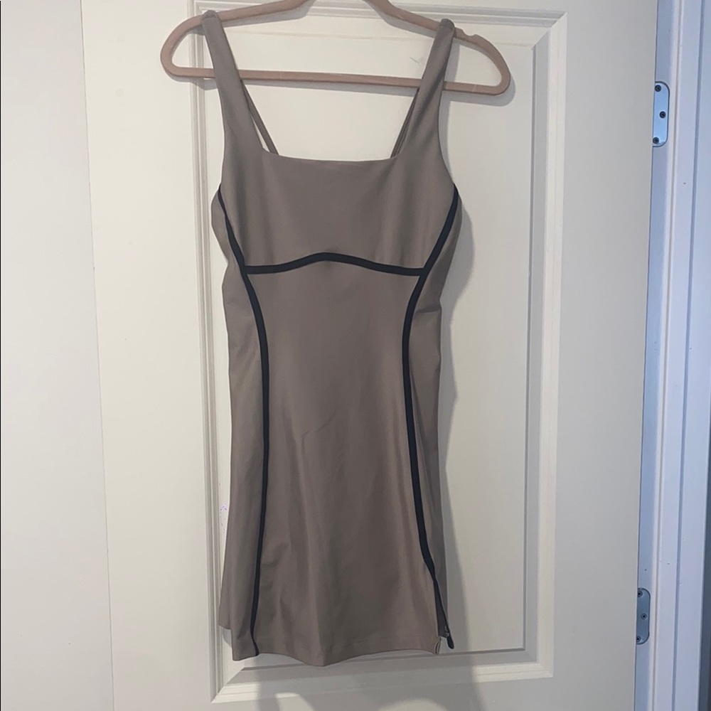 Tan Sleeveless Dress with Black Trim